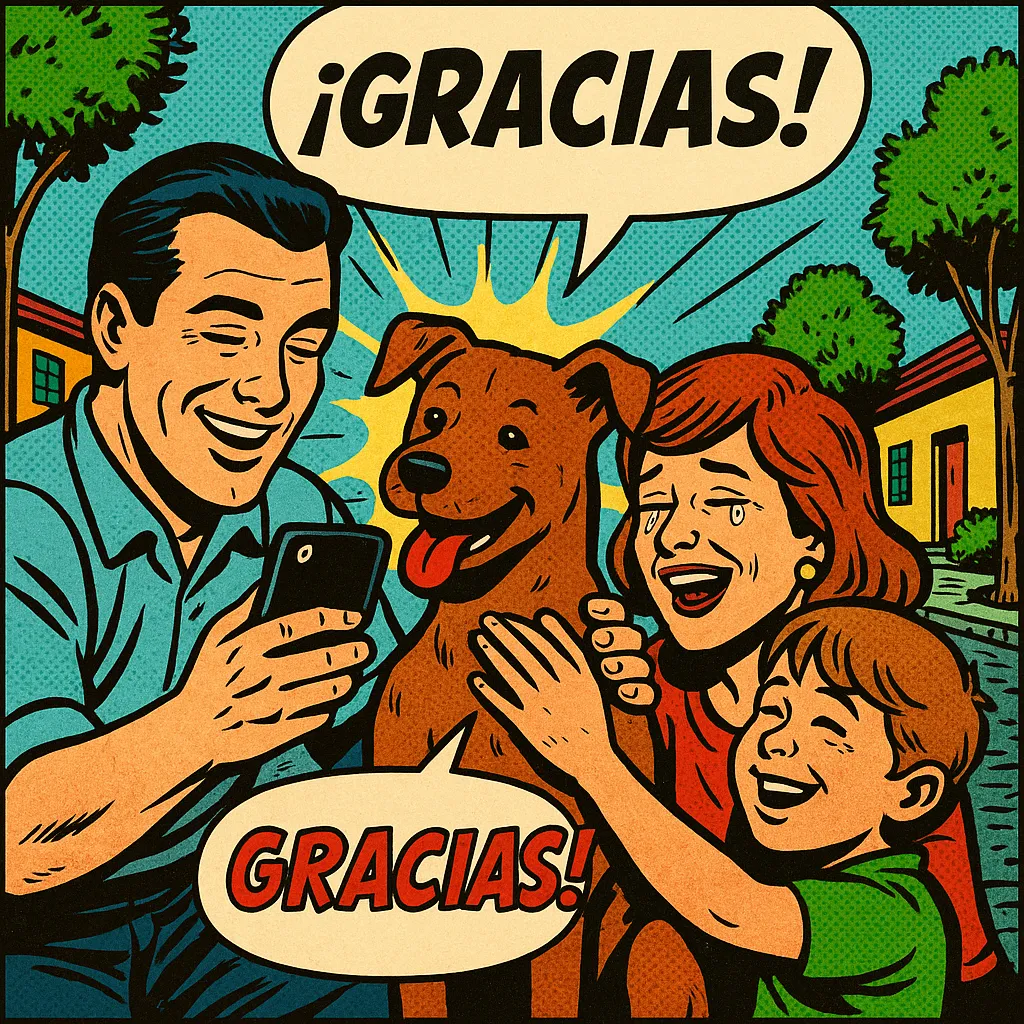 Familia abrazando a su perro reencontrado